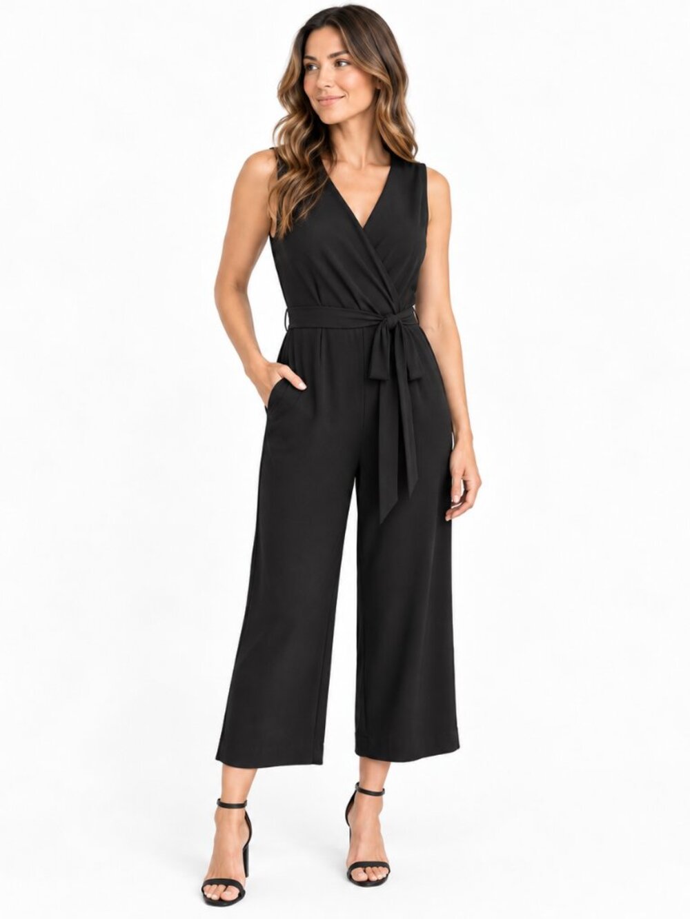 Calvin Klein Black Wrap Front Cropped Jumpsuit Size 4